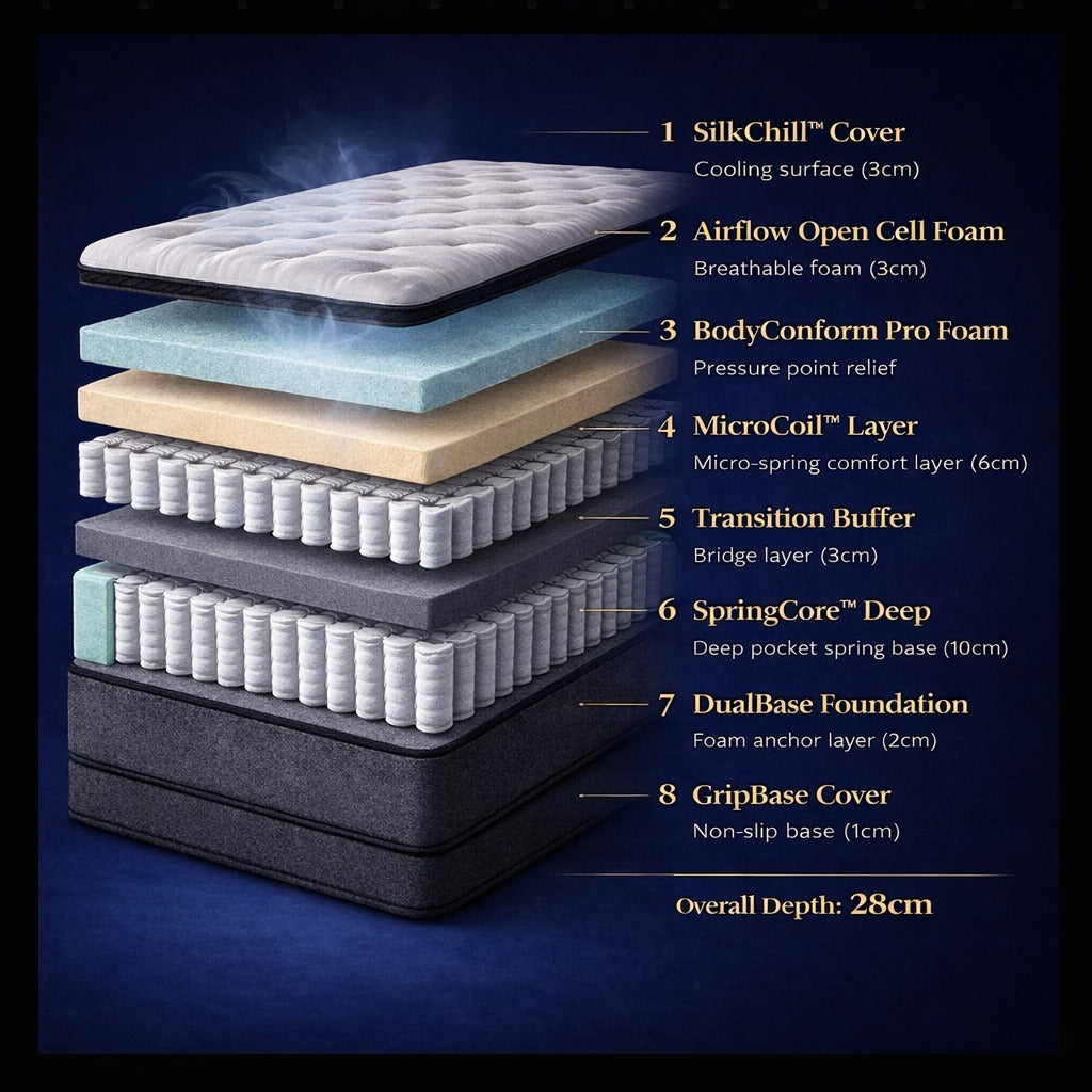 Layered illustration of a mattress with text labels on a dark blue background
