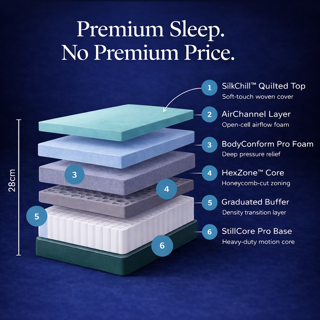 Layered mattress structure with labeled components on a blue background