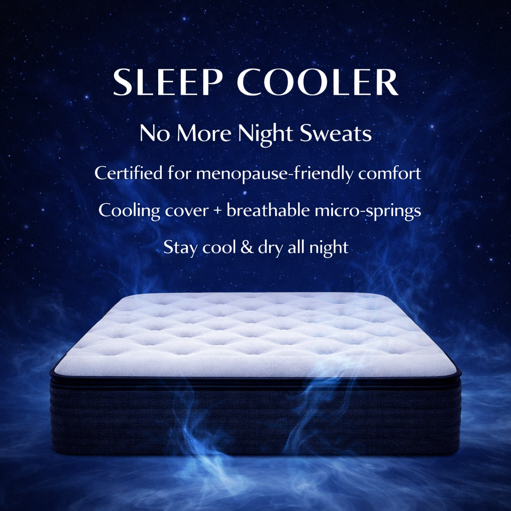 Mattress with cooling cover on a dark background with text about menopause-friendly comfort.