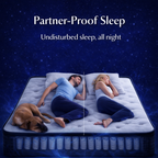 Two people and a dog sleeping on a mattress with a starry night background, emphasizing undisturbed sleep.